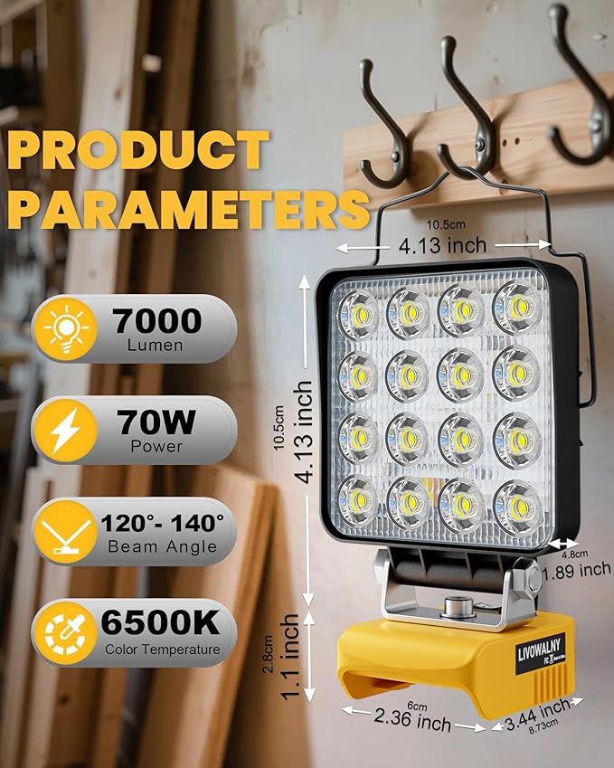 LIVOWALNY Cordless LED Work Light Compatible with Dewalt 20v Battery, 70W 7000LM Flashlight Portable LED Flood Battery Light with USB A & USB C Charging Output Port for Emergency Outdoors and Job Site