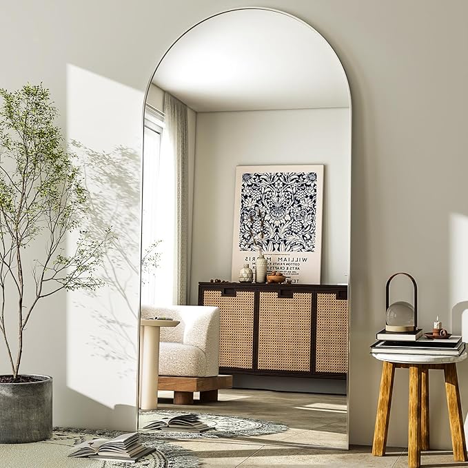 GLSLAND-30x71 inch Wall Mount Arched Full Length Mirror-Aluminum Alloy Frame High Definition-Full Body Mirror for Bedroom or Living Room,Silver