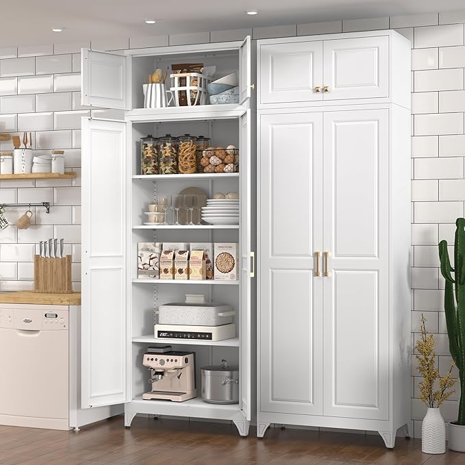 Kitchen Pantry Cabinet, 90" Tall Metal Storage Cabinet, Food Pantry cabinets with Doors and Shelves, Storage Cabinets for Living Room, Dining, White,16" D x 32" W x 90" H, Assembly Required