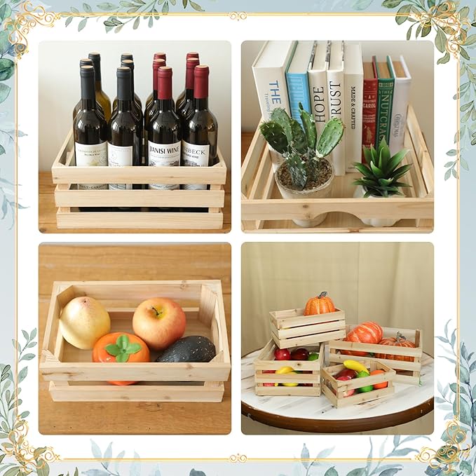 Large Wooden Crates Unfinished Set of 4 Decorative Storage Box with Handles, Rustic Farmhouse Wooden Crates for Display, Living Room Container Basket Box for Kitchen, Pantry, Bedroom