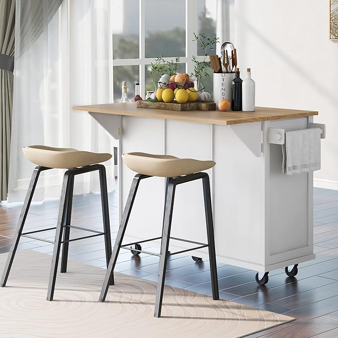 Yayzy Rolling Kitchen Island with 2 Bar Stools, Drop Leaf, Cabinet Door Storage Racks & 3 Drawers, Mobile Kitchen Cart with Rubberwood Top & Locking Wheels for Dining Room & Kitchen, 53-Inch, White