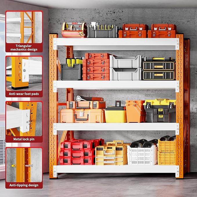 4000LBS Garage Shelving 48" W Garage Shelving Heavy Duty 4-Tier Metal Storage Shelves Adjustable Shelf Unit Storage Rack for Basement Supermarket Warehouse 48" W x 20" D x 78" H Orange-White