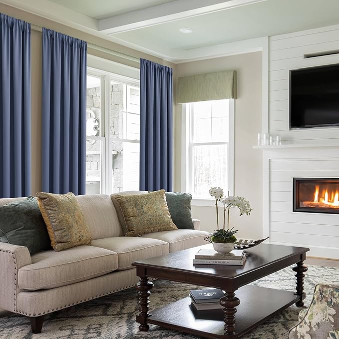 JIUZHEN Blackout Curtains for Bedroom - Thermal Insulated Room Darkening Rod Pocket Curtains for Living Room, Set of 2 Panels with Tiebacks, 38 x 84 Inch Length, Dusty Blue
