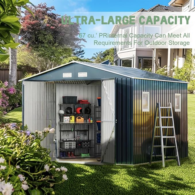 Breezz Outdoor Storage Shed 10 x 10 ft. Utility Tool Shed Metal Storage Garden Shed with Lockable Doors, Windows for Patio Storage,Nightblue