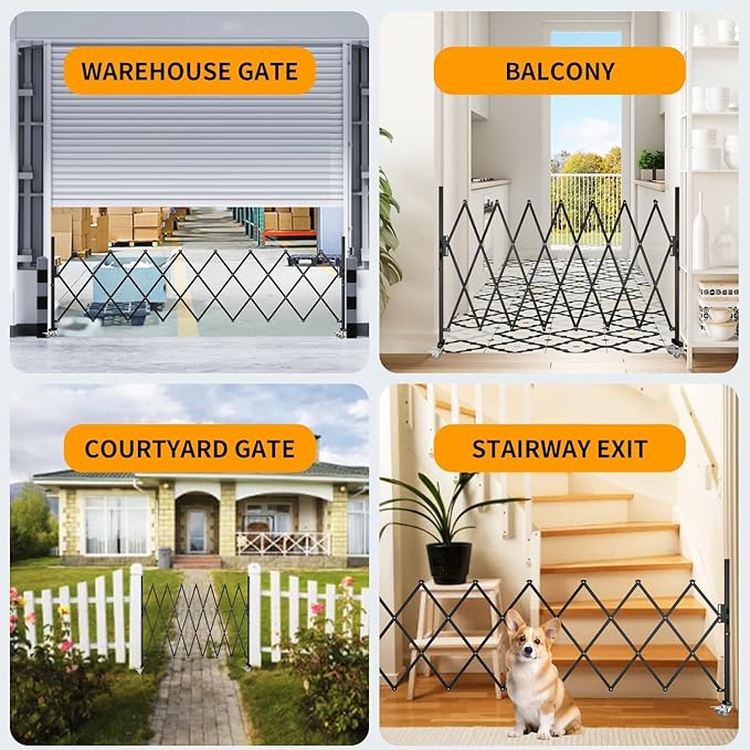 Expandable Barricade Gate,82" Metal Safety Barrier Gate with Casters,Accordion Garden Yard Outdoor Indoor Fence Folding Security Dog Gates Wall Mount,Black