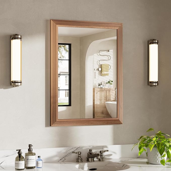 22x30 Inch Bathroom Mirror for Wall, Anti-Rust Walnut Wood Grain Metal Framed Bathroom Mirrors for Over Sink,Rectangler Mirrors for Bathroom Vanity, Farmhouse, Bedroom, Living Room, Entryway Decor