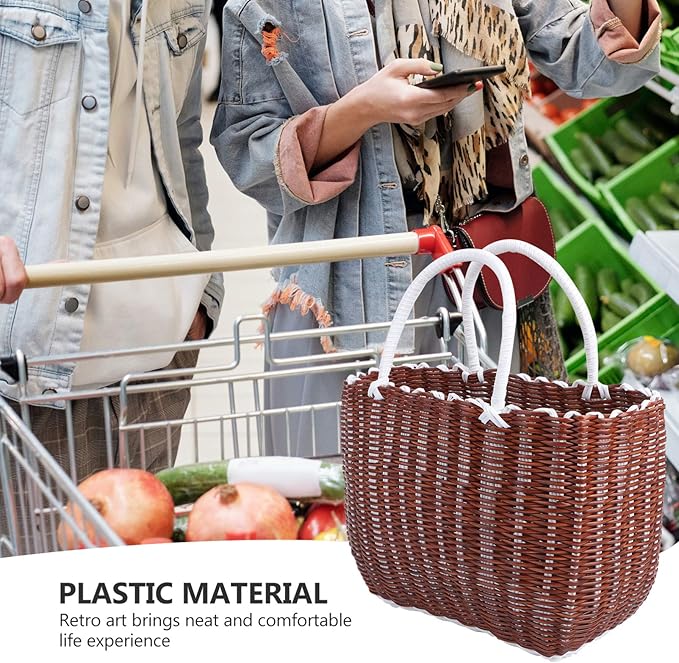 Cabilock Plastic Woven Tote Basket with Handles 13.8X9.4X5.5 Inch Lightweight Portable Storage Basket for Grocery Shopping Bathroom Organization and Home Use