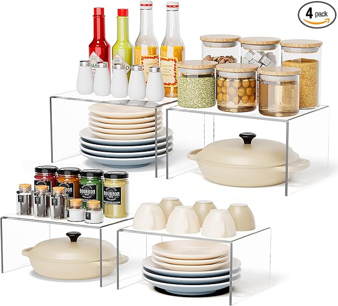 Acrylic Cabinet Shelf Riser Set of 4, Heavy-Duty Kitchen Organizers with Non-Slip Pads, Clear Countertop Spice Shelves for Pantry Storage & Cabinet Decor