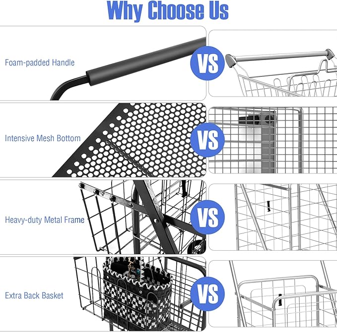 Goplus Shopping Cart for Groceries, Jumbo Upgraded Folding Grocery Cart with Waterproof Liner, 330 LBS Weight Capacity, 360° Swivel Wheels, 33 Gal Double Basket, Heavy Duty Foldable Utility Cart
