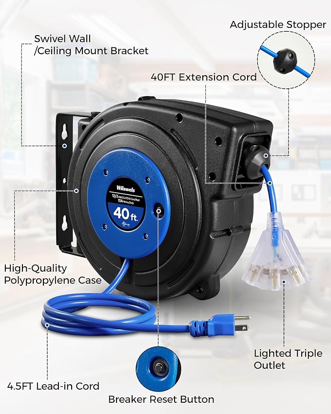 Retractable Extension Cord Reel, 40 FT Heavy Duty Power Cord, 12AWG/3C SJTOW, 3 Grounded Outlets Lighted Triple Tap, 15 Amp Circuit Breaker, UL Listed, Blue U40CR06