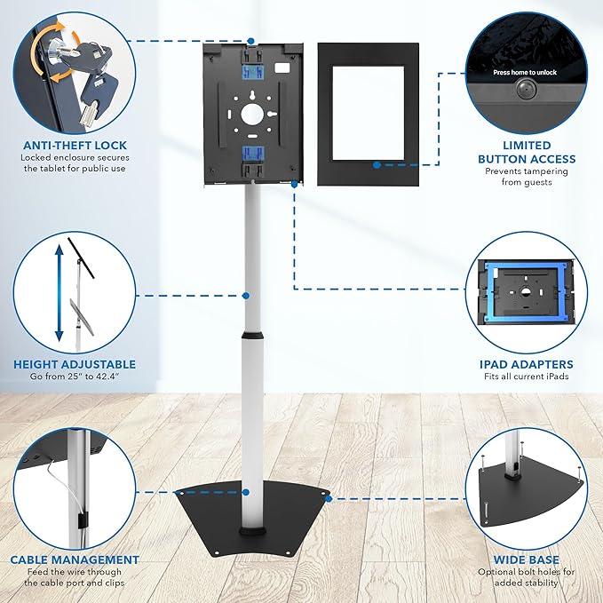 Mount-It! Anti-Theft Tablet Kiosk Floor Stand Compatible with iPad 10, 9, 8, Pro 11, 10.5, Air 10.5, Height Adjustable Locking Kiosk for iPad, Steel Kiosk for Business and Retail