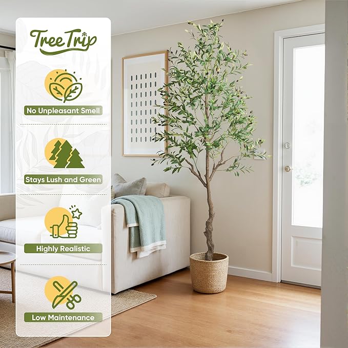 Artificial Olive Tree 7FT, Tall Faux Olive Trees with White Pot for Indoor Outdoor, Realistic Potted Plant Natural Wood Trunk, Leaves and Fruits for Home Office Decor (1, 7FT)