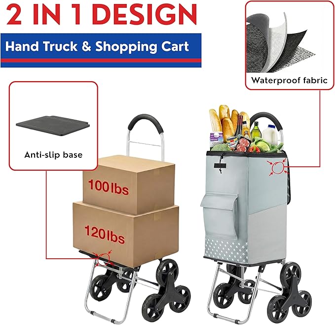 Shopping Cart, Super Loading Stair Climber 220 lbs Capacity, Grocery Foldable Trolley with Extra Large Shopping Bag Laundry Utility Cart with Adjustable Bungee Cord (Gray)