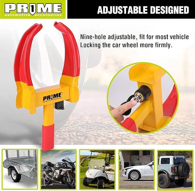 PR1ME Trailer Wheel Lock Clamp, Universal Wheel Clamp Lock, Adjustable Heavy-Duty Security Tires Anti-Theft Lock, for Trailers SUV Boats ATVs Motorcycles Golf Cart with 2 Keys (Yellow-red)