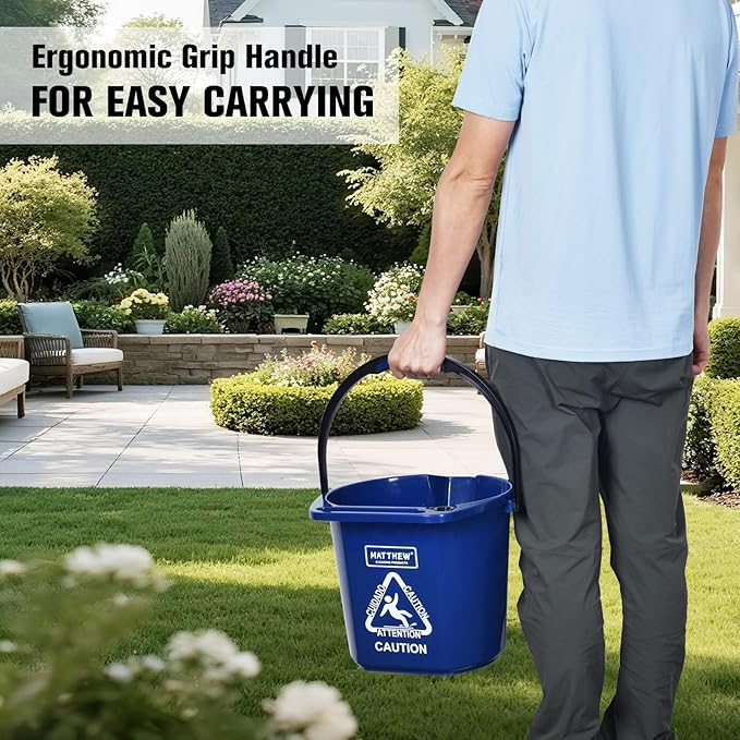 Matthew Cleaning 4.2 Gallon Mop Bucket, Heavy Duty Plastic Cleaning Bucket with Built-in Pour Spout, Mop Holder and Comfort Grip Handle, House and Commercial Cleaning Supplies, Case Pack 12 Pcs Blue
