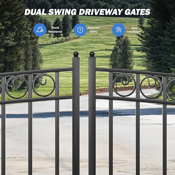ZUMI Dual Swing Driveway Gate, 12x6 ft. Outdoor Steel Fence for Home Security, Heavy-Duty Weatherproof Iron Kit, Opera Style