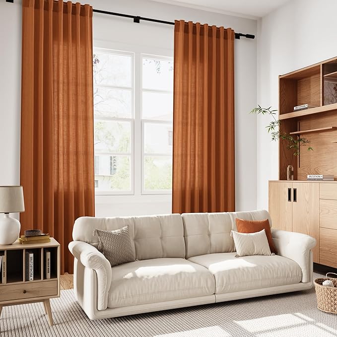 Nanspring Desert Orange Linen Curtains 90 Inch for Living Room Rod Pocket Back Tab Window Drapes Light Filtering Modern Farmhouse Curtain 90 Inches Long for Bedroom 52x90,2 Panels