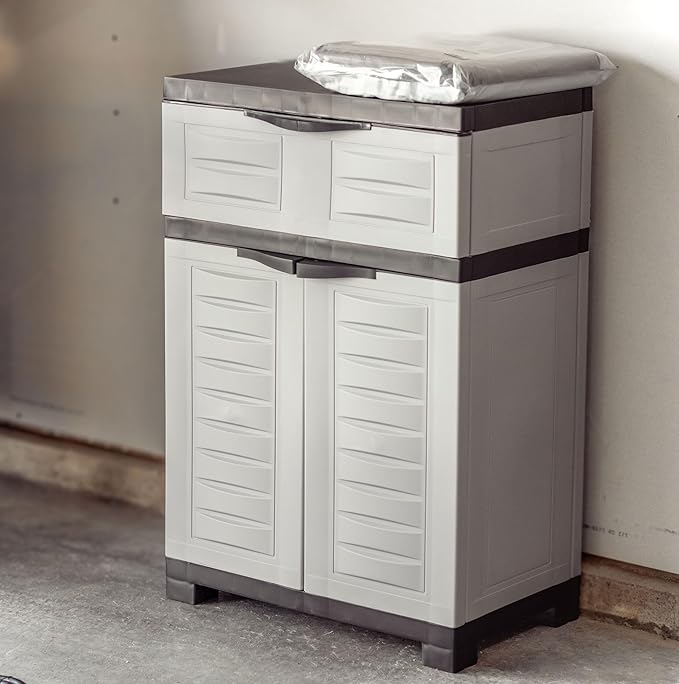 Sunnydaze Plastic Garage Storage Cabinet with Adjustable Shelf - 34.5" H - Garage, Office, Home, Laundry Room - Gray