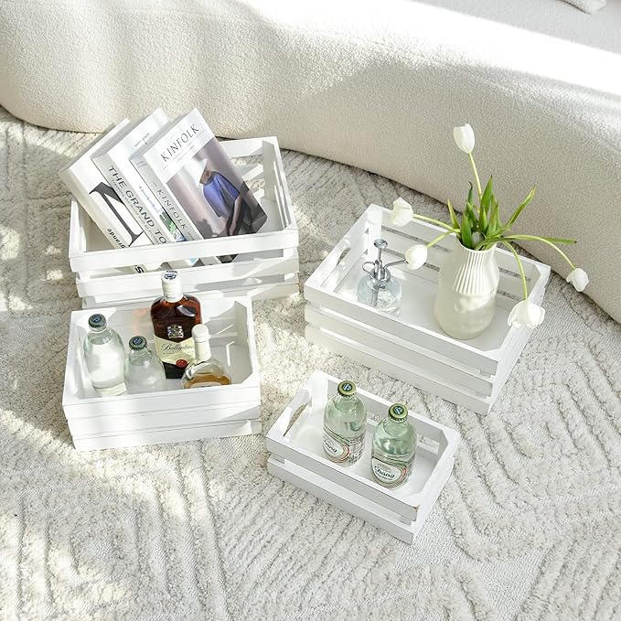 Set of 4 Large Wooden Crates Decorative, Whitewashed Nesting Wooden Crates for Display Rustic, Farmhouse Wooden Storage Container Boxes Made from 100% Wood