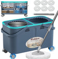 2025 Upgraded Gen 2 Spin Mop and Bucket Set with 4 Swivel Wheels for Easy Rolling, Separates Clean & Dirty Water, Floor Mop with 6 Washable Mop Heads for Wood, Tile, Vinyl, Baseboards - Grey/Blue
