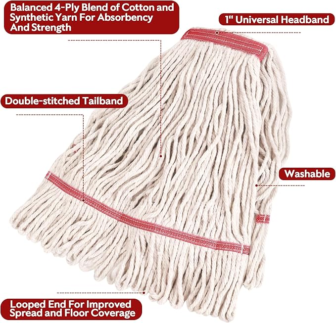 MATTHEW CLEANING Heavy Duty Mop Head Commercial Replacement for General and Floor Cleaning, Wet Industrial Blue Cotton Looped End String Head Refill (Pack of 3) White