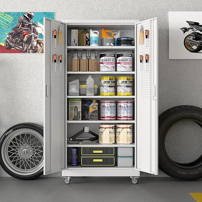 Metal Garage Storage Cabinet with Wheels and Pegboard,Rolling Tool Storage Cabinet with 5 Adjustable Shelves for Garage Warehouse Office Utility Room,Required Assembly,71" H×34" W×18" D,White