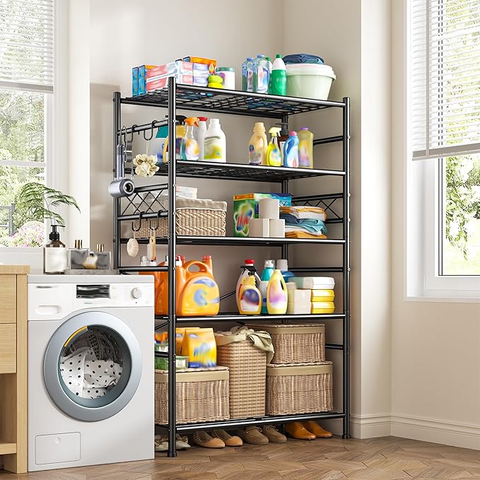 Storage Shelves 5-Tier Large Capacity Metal Shelving with Hooks, Heavy Duty Garage Shelving Unit with Leveling Feet, Stable Metal Shelves for Pantry, Kitchen and Closet, 72" H x 36" W x 12" D, Black
