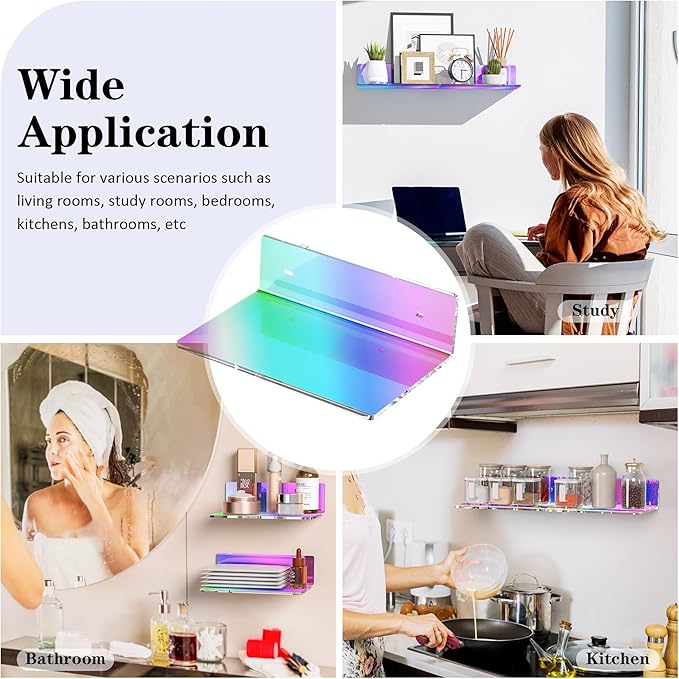 9 Inches Iridescent Floating Shelves Acrylic, White Wall Shelves for Living Room Décor, Bedroom, Bathroom, Kitchen, Dining Room, Brand Store, Retails, Gaming Room, 2 Pack