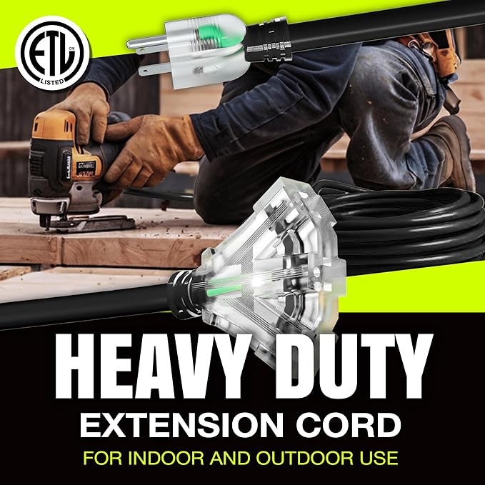 50ft Outdoor/Indoor Extension Cord 3-Outlet 12/3 Gauge Extra Heavy Duty ETL Listed, 3 Prong SJTW, Waterproof, Flexible Cold-Resistant Long Power Cord,15A 125V 1875W, Black by LifeSupplyUSA