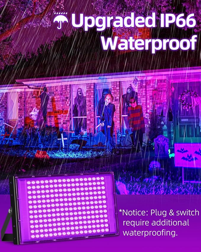 200W LED Black Lights IP66 Waterproof Black Light Outdoor with 10ft Plug+Switch, Flood Blacklight for Halloween Glow in The Dark Party Stage Light Neon Glow Birthday 2 Pack