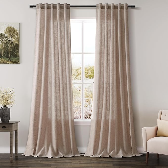 Oatmeal Flax Linen Curtains 90 Inches Long for Bedroom 2 Panels Back Tab Loop Pocket Privacy Neutral Semi Sheer Curtains Country Rustic Farmhouse Light Filtering Drapes for Dining Room 40x90 Inch