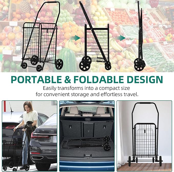 YITAHOME Folding Shopping Cart with Wheels, Rolling Foldable Grocery Cart for Seniors, Portable Collapsible Utility Cart for Shopping Groceries Laundry Storage Organizer