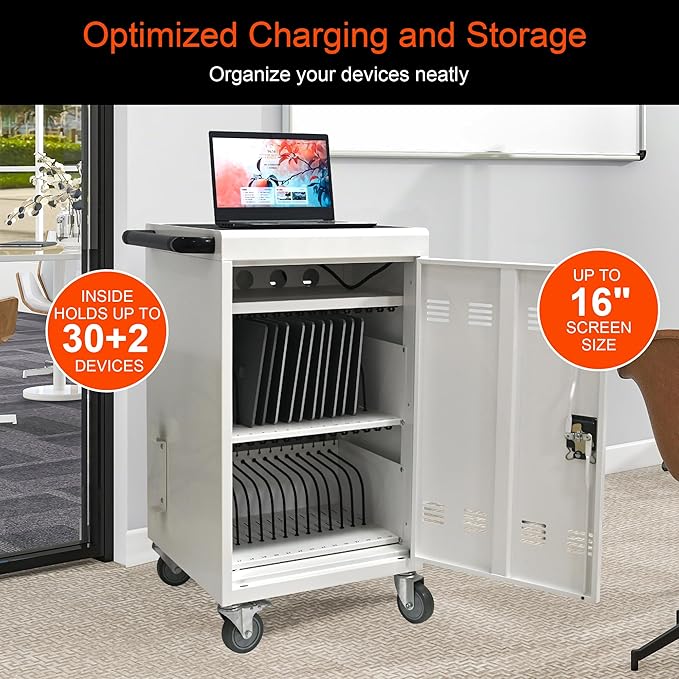Laptop Charging Cart,32 Devices Tablet Storage Carts for Pad Up to 16.3" Screen Size, Classroom Computer Mobile Charging Station for Pads,Chromebooks,Laptops,Security Storage (30+2 Bay-White)