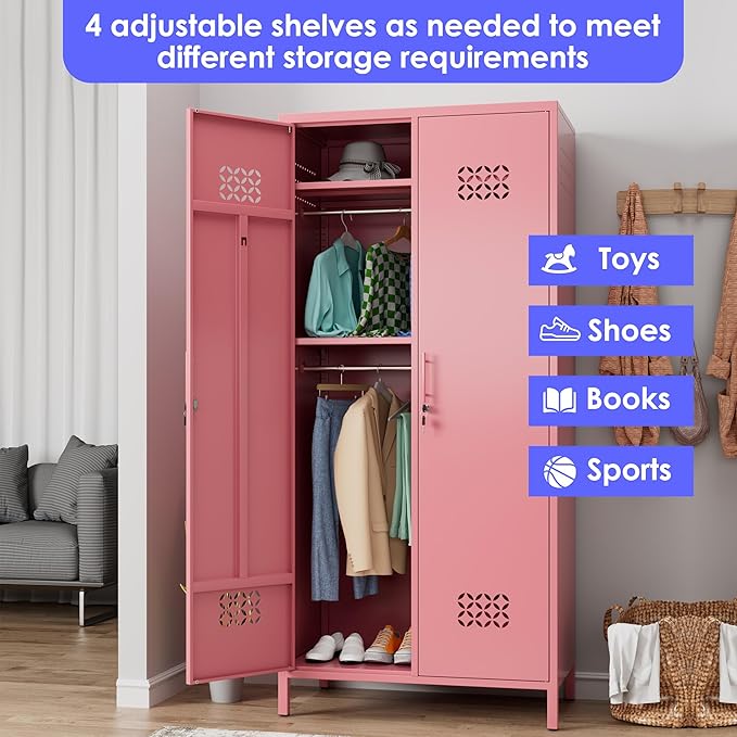 Aobabo Metal Wardrobe Cabinets with Lock, 2 Door Metal Closet wtih 4 Adjustable Shelves and 2 Hannging Rod, Lockable Locker Cabinet, Storage Locker for Home, Office,Pink, Assembly Required