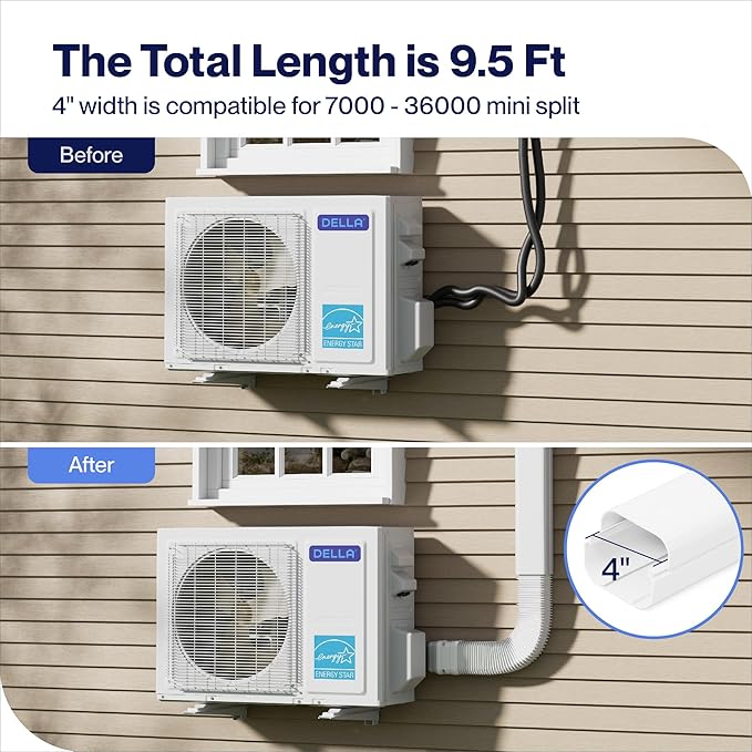 Della 4" 9.5 Ft Mini Split Line Set Cover with Flexible Duct, Decorative PVC Lineset Cover Kit, Paintable for Air Conditioner, Central AC, HAVC & Heat Pumps Systems Tubing Cover, White
