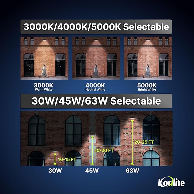 Konlite - 63W/45W/30W Full-Cutoff LED Wall Pack Lights, Selectable Wattage & CCT (5000K/4000K/3000K), LED Wall Light, Energy Efficient, Durable, Outdoor Commercial Wall Pack Light, 9797LM