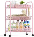 Metal Rolling Utility Cart, 3-Tier Mesh Wire Storage Trolley with Easy Assembly, Organizer Craft Cart 3 Hooks, Mobile Shelving Unit for Kitchen, Bathroom, Laundry Room, and Home