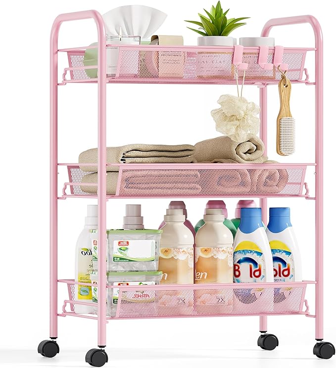 Metal Rolling Utility Cart, 3-Tier Mesh Wire Storage Trolley with Easy Assembly, Organizer Craft Cart 3 Hooks, Mobile Shelving Unit for Kitchen, Bathroom, Laundry Room, and Home
