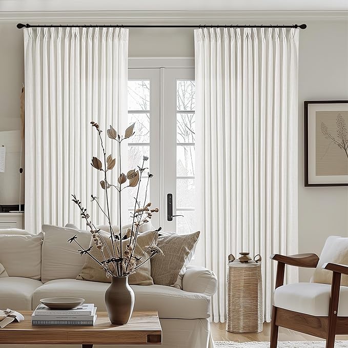 Ivory White Extra Wide Pinch Pleat Linen Curtains 84 Inches Long for Living Room Sliding Glass Door 100 Inch Wide Curtain Memory Trained Pleated Drape with Hooks Rings 100x84 Large Window Curtain