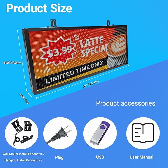 P6 Programmable LED Sign 40"x17", Outdoor Waterproof Digital Message Board with WIFI Control, Custom Text/Image/Video for Business Advertising