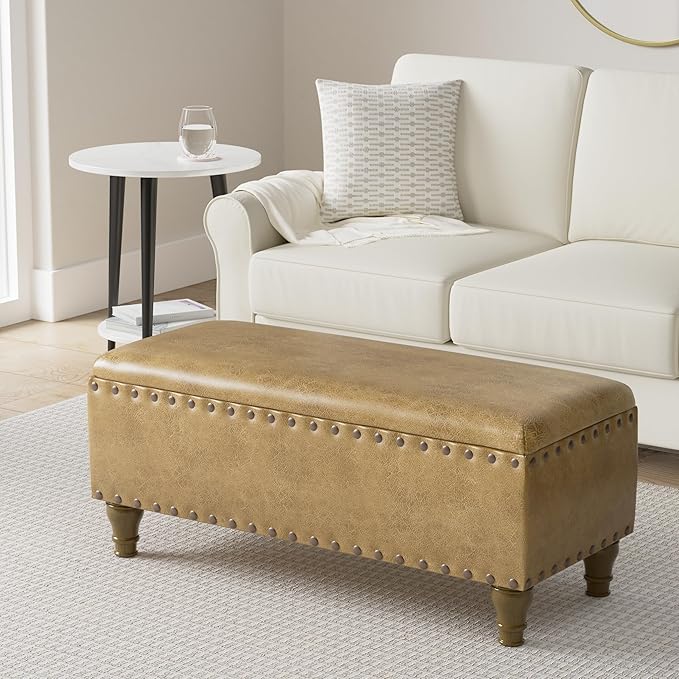 Homepop Home Decor | Upholstered Bench with Nailhead Trim | Large Faux Leather Ottoman with Storage for Living Room & Bedroom | Decorative Home Furniture, Brown Faux Leather