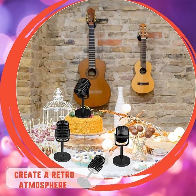 3 Pack Retro Microphone Props Model with Stand Plastic Fake Antique Microphone Stage Table Decor for Classic Party Decoration Costume Prop Pretend Play (Black)
