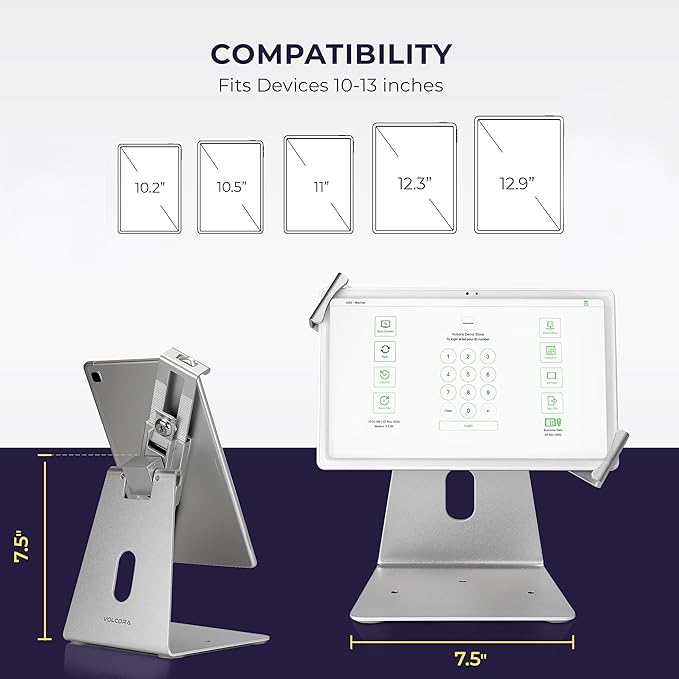 Volcora Anti-Theft Tablet Stand iPad Kiosk Stand with Lock, Silver 10-13'' iPad Stand for Desk, Swivel, Adjustable iPad Holder For Desk, iPad Mount For Desk For POS Register, Retail Business, Cashier