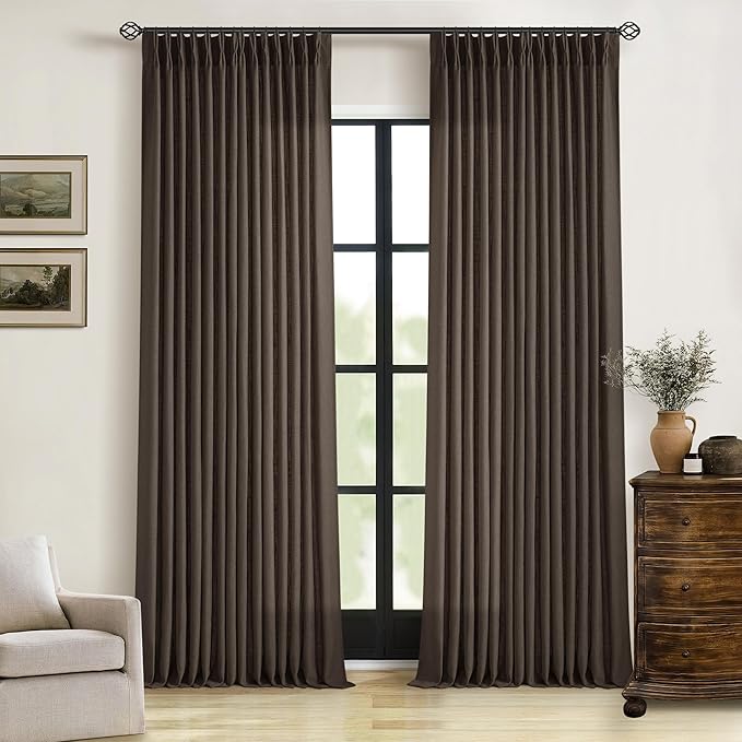Dark Chocolate Pinch Pleated Linen Curtains 96 Inches Long 2 Panels for Living Room Bedroom Memory Training Brown Semi Sheer Pleat Drapes with Hooks Rings Light Filtering Window Curtain 40x96