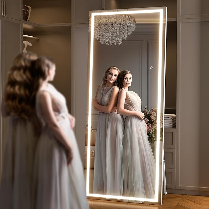 Full Length Mirror with Lights, 83" x 36" Large LED Lighted Floor Standing Body Mirror, Dimmable & 3 Color Lighting for Bedroom, Cloakroom, Dressing Room, Tempered Glass, Square White