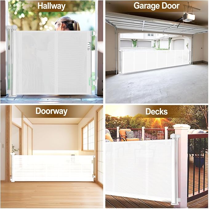150 inch Retractable Baby Gates 34 inch Tall, Retractable Gate with Reinforced Strip Design to Prevent Crawling Through, 12 FT Extra Wide Retractable Dog Gate for Indoor/Outdoor