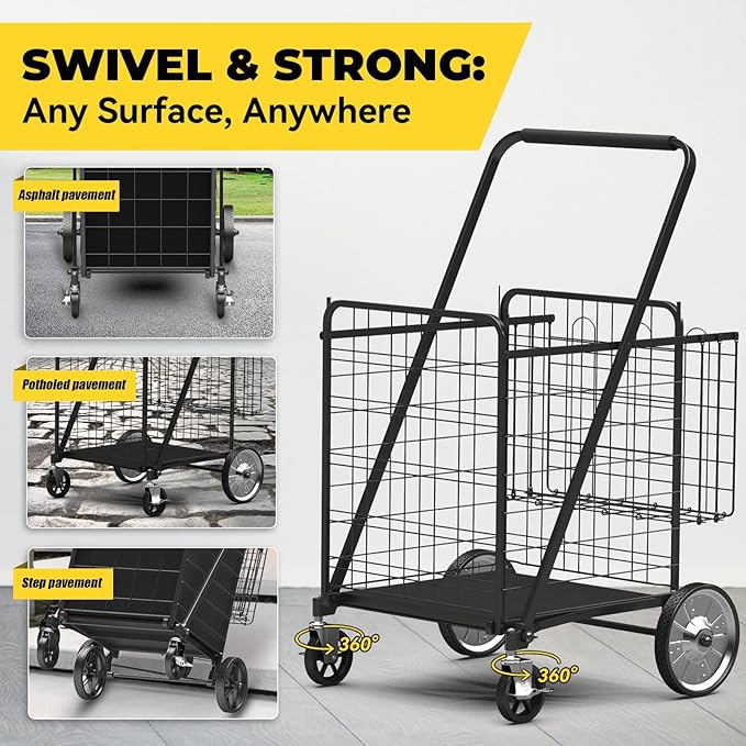 5.7 Cu Ft Folding Shopping Cart - 600 LB Capacity Grocery Cart with 360° Braked Swivel Wheels - Heavy Duty Utility Cart with Double Basket & Removable Waterproof Liner with Lid for Laundry