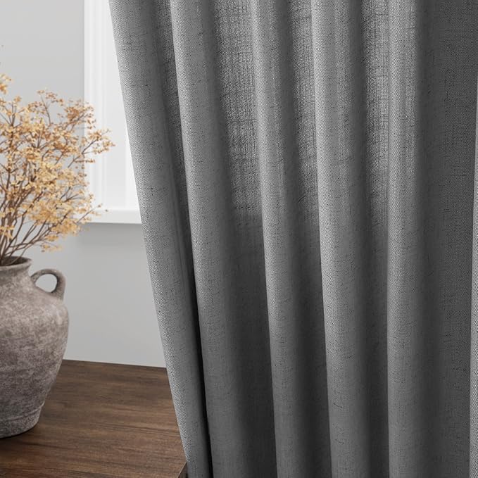 Extra Long Curtains 2 Panels 102 Inches Long for Living Room Cotton Linen Textured Window Curtain Dark Gery Back Tab Rod Pocket Light Filtering Semi Sheer Drapes 102 Inch Length for Bedroom
