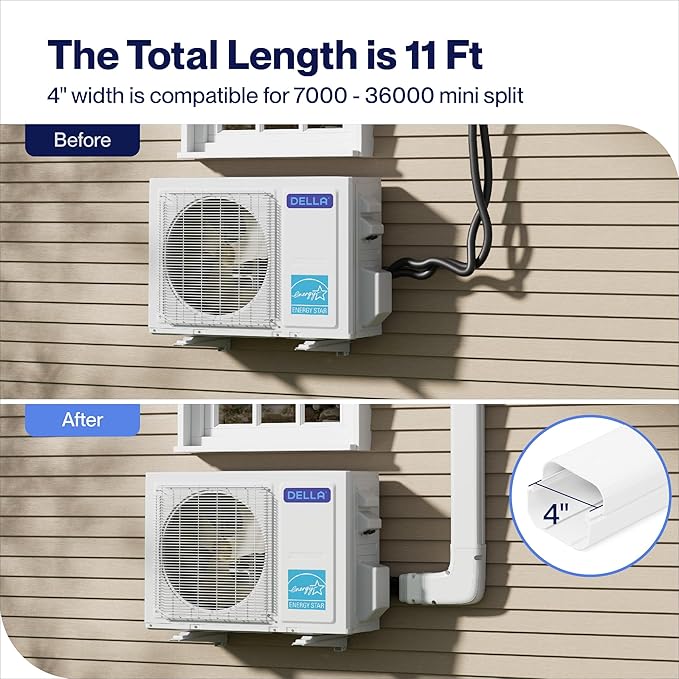 Della 4" 11 Ft Mini Split Line Set Cover, Decorative PVC Lineset Cover Kit, Paintable for Air Conditioner, Central AC, HAVC & Heat Pumps Systems Tubing Cover, White