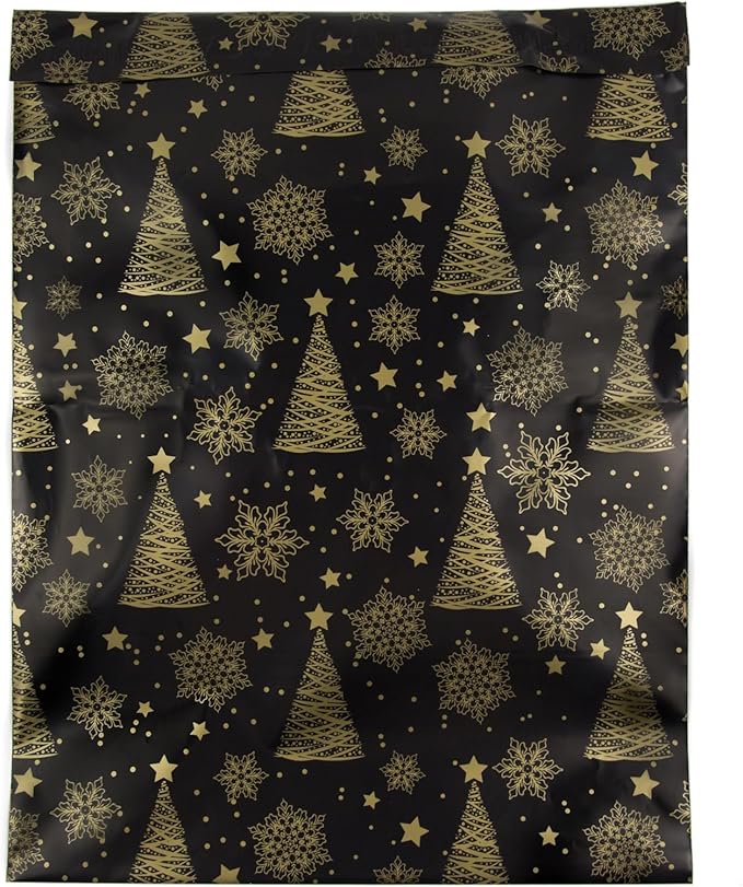 Inspired Mailers - Large Holiday Poly Mailers 14.5 x 19-50 Pack - Christmas Trees and Snowflakes (Black/Gold) - Large Holiday Mailing Envelopes